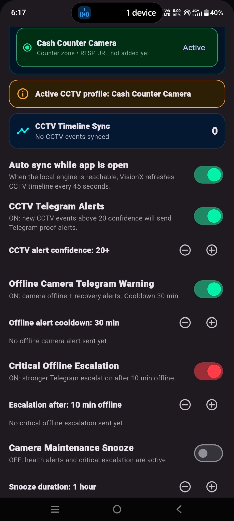 VisionX alert and camera health settings