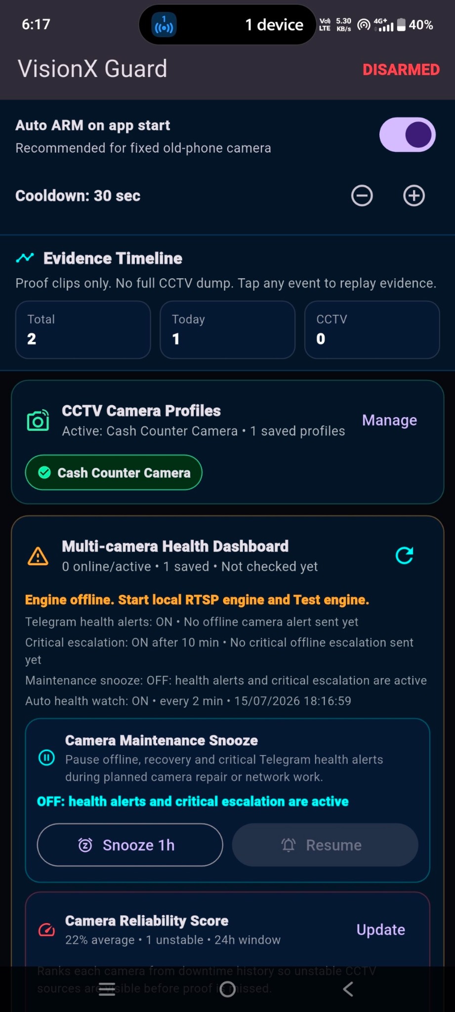VisionX camera health dashboard